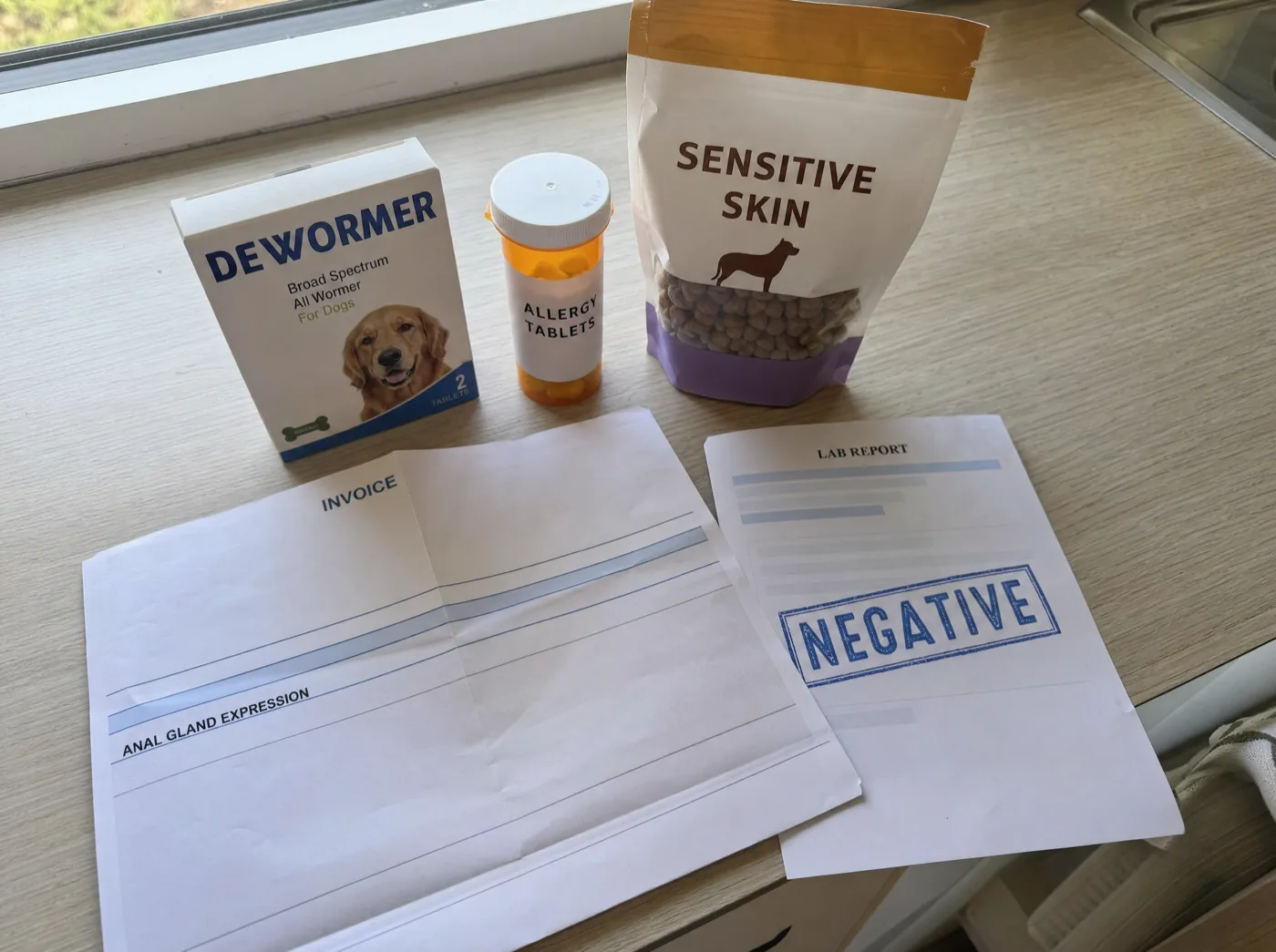 The dewormer box, the allergy pills, the sensitive skin kibble, the gland draining invoice and the negative test that never fixed him