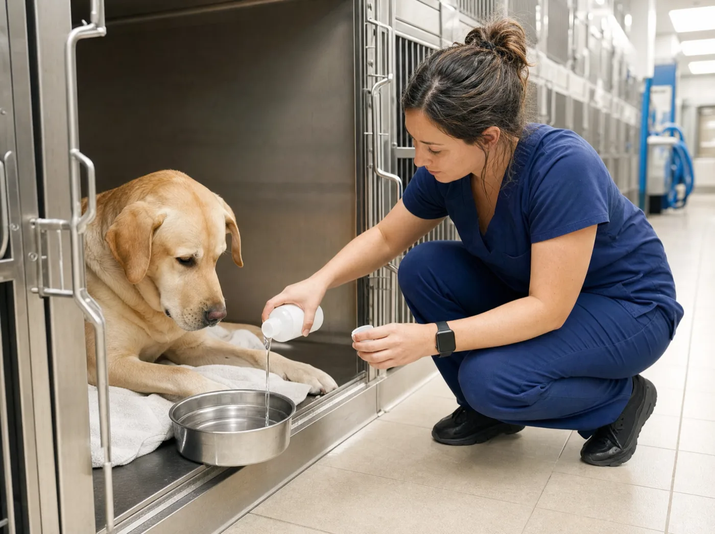 A veterinary technician adding a capful to a water bowl in the hospital kennel ward