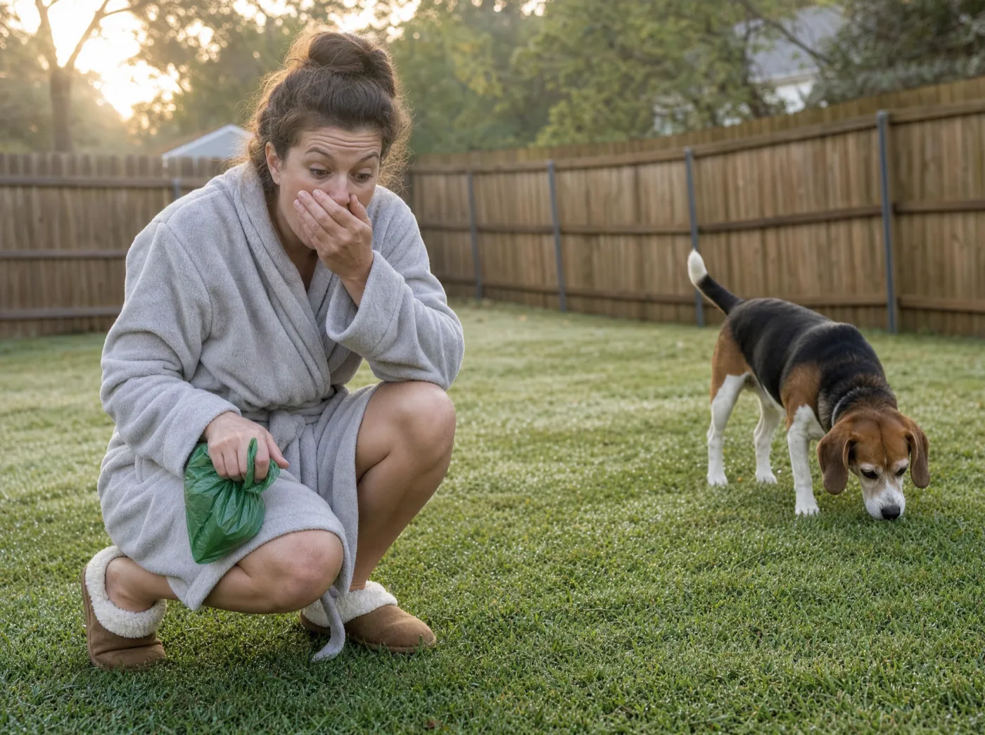 Owner crouched in the backyard with a waste bag, hand over her mouth