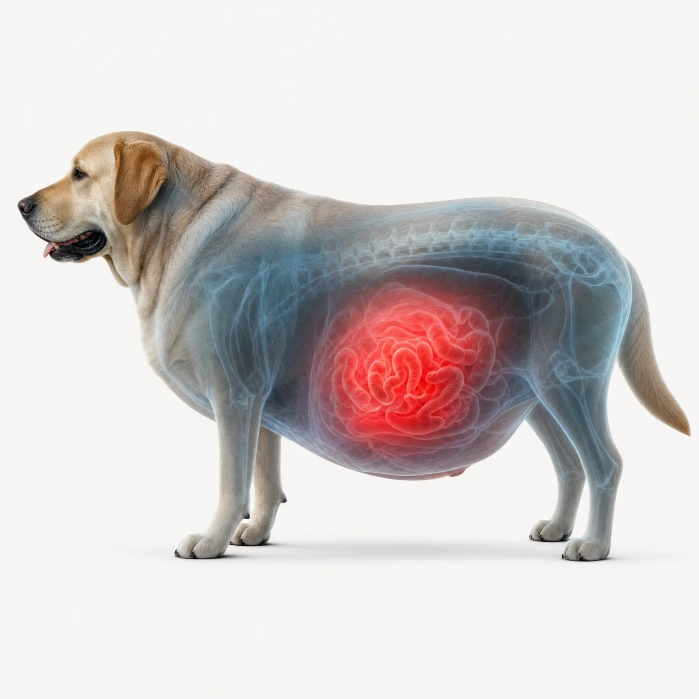 Illustration of a heavy Lab with an inflamed gut, the source of the constant danger signal