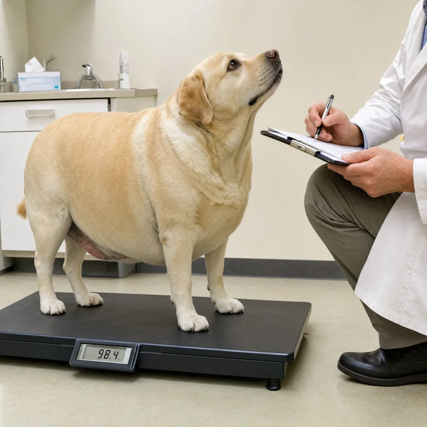 Lab standing on the scale at the vet