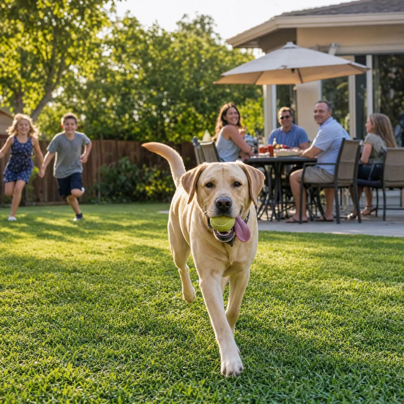 Lean Lab racing across the yard with the ball while the family watches from the table