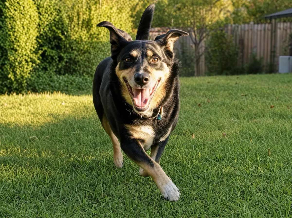 Senior dog running full speed across the yard