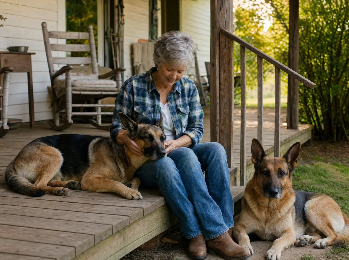 A breeder of thirty years on her porch steps with two calm shepherds