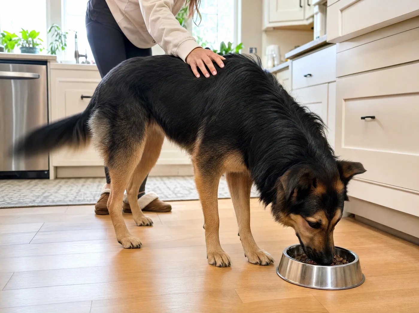 A hand resting on his back while he eats, tail wagging