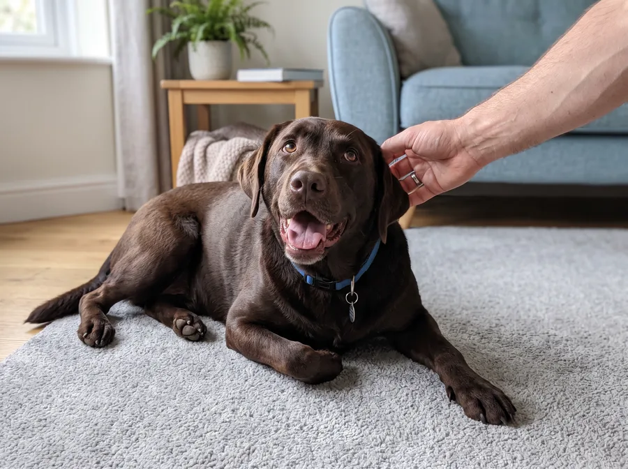 Cooper relaxed on the living room carpet