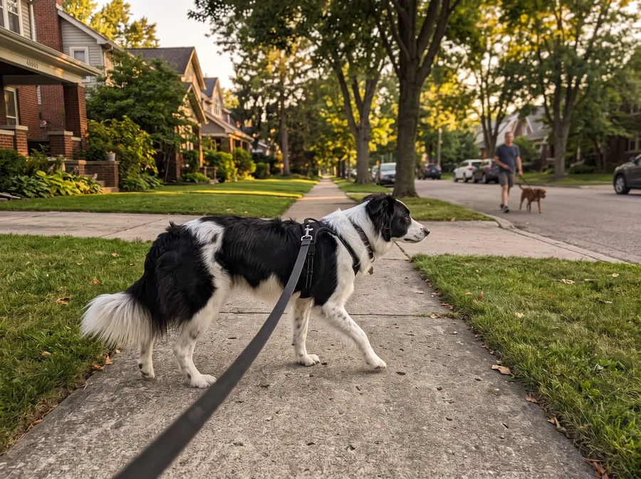 Daisy walking calmly on a loose leash