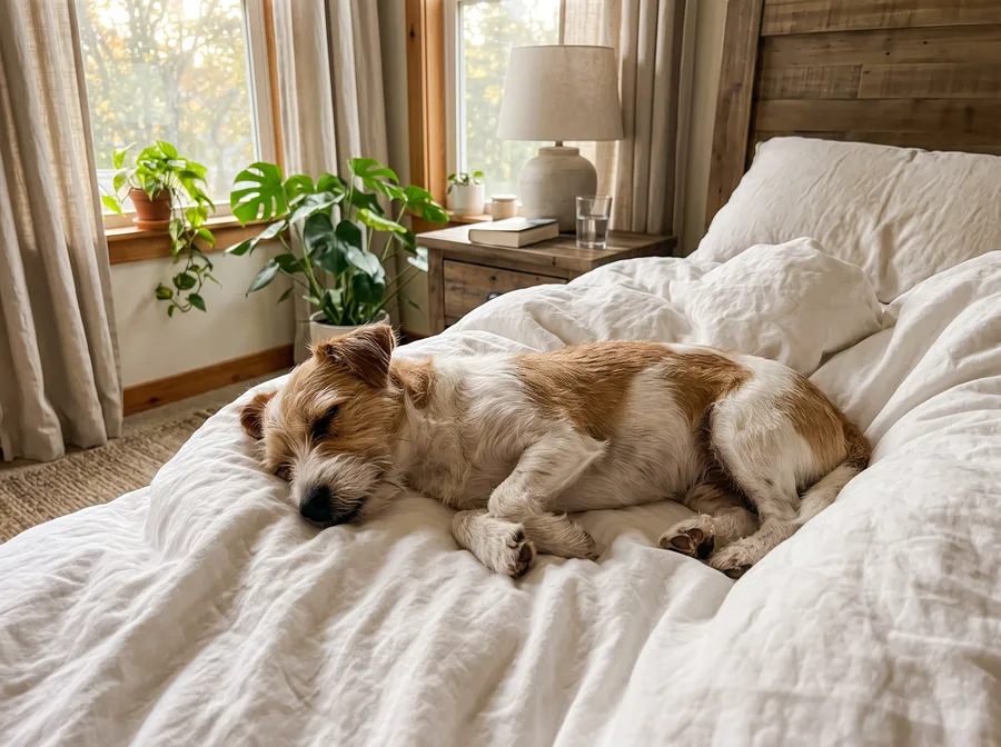 Luna asleep on the bed in the morning